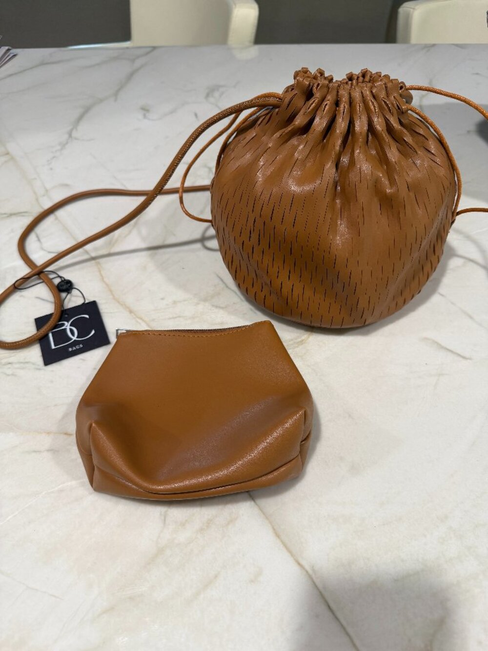 BC Bags Brown Perforated Drawstring Bucket Bag
